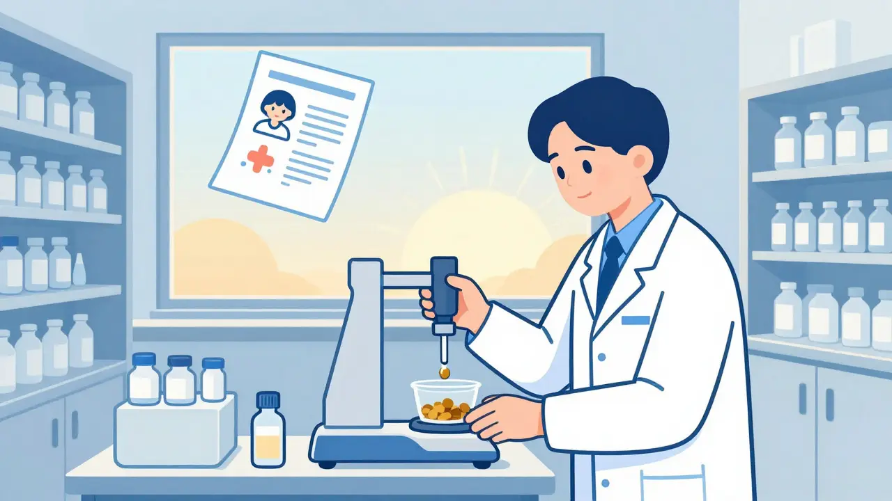 Un technicien de pharmacie pèse un médicament avec une balance de précision pour éviter les erreurs de dosage.