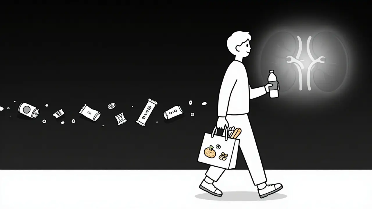 Une personne marche après le dîner, tenant de l'eau et des aliments sains, tandis que des déchets alimentaires malsains disparaissent dans l'ombre.