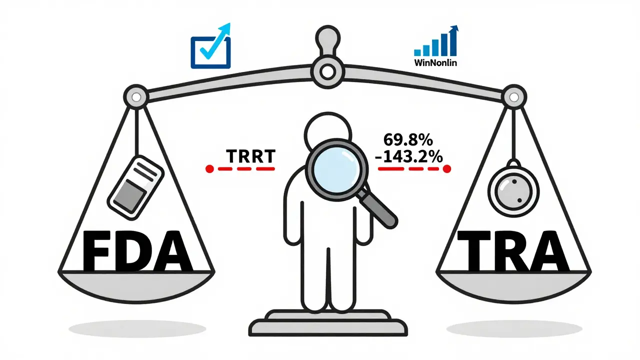 Balance entre FDA et EMA montrant des designs d'études différents, avec des limites d'équivalence élargies autour d'une courbe de concentration.