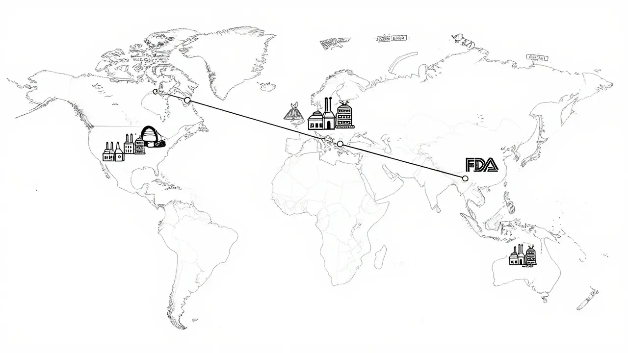 Carte mondiale montrant les usines de fabrication de génériques inspectées par la FDA aux États-Unis, en Inde et en Chine.