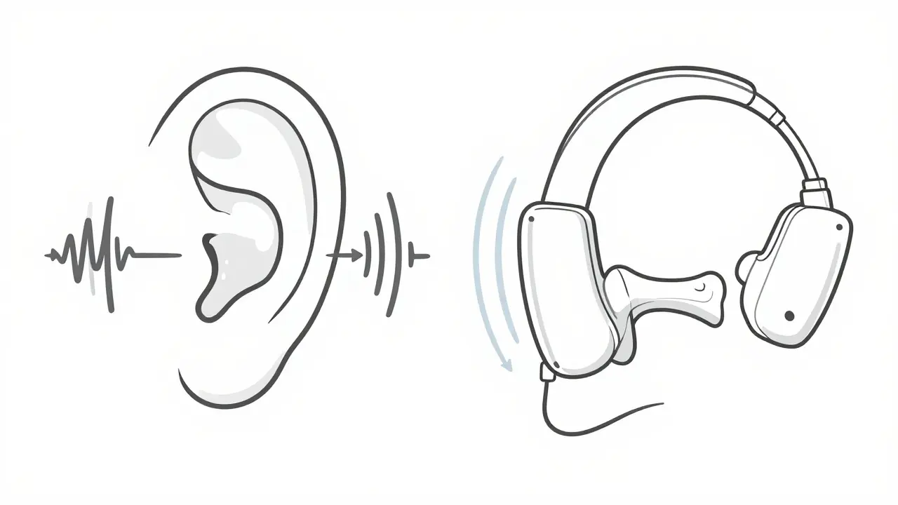 Comparaison schématique entre un appareil auditif traditionnel bloqué et une conduction osseuse efficace.