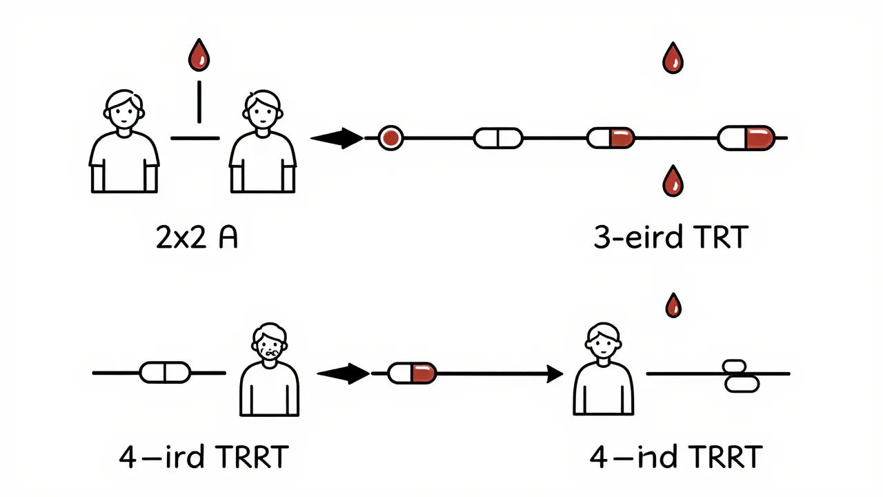 Comparaison visuelle de trois conceptions d'études bioéquivalentes : 2x2, TRT et TRRT, avec des flèches de temps et des gouttes de sang.