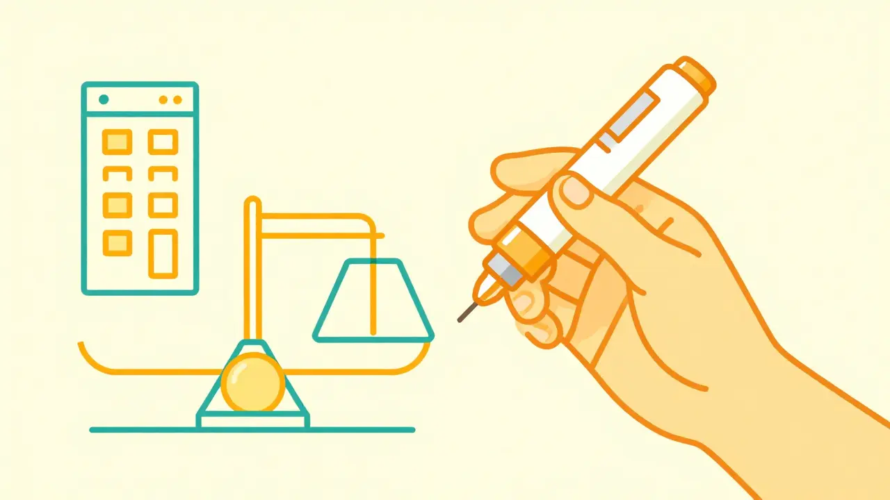 Dessin stylisé d'une main tenant un stylo à insuline pour le dosage.