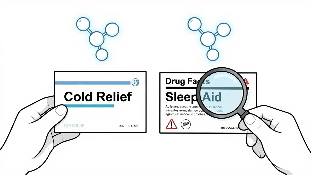Deux boîtes de médicaments différents contenant la même molécule active, avec une loupe sur l'étiquette Drug Facts.