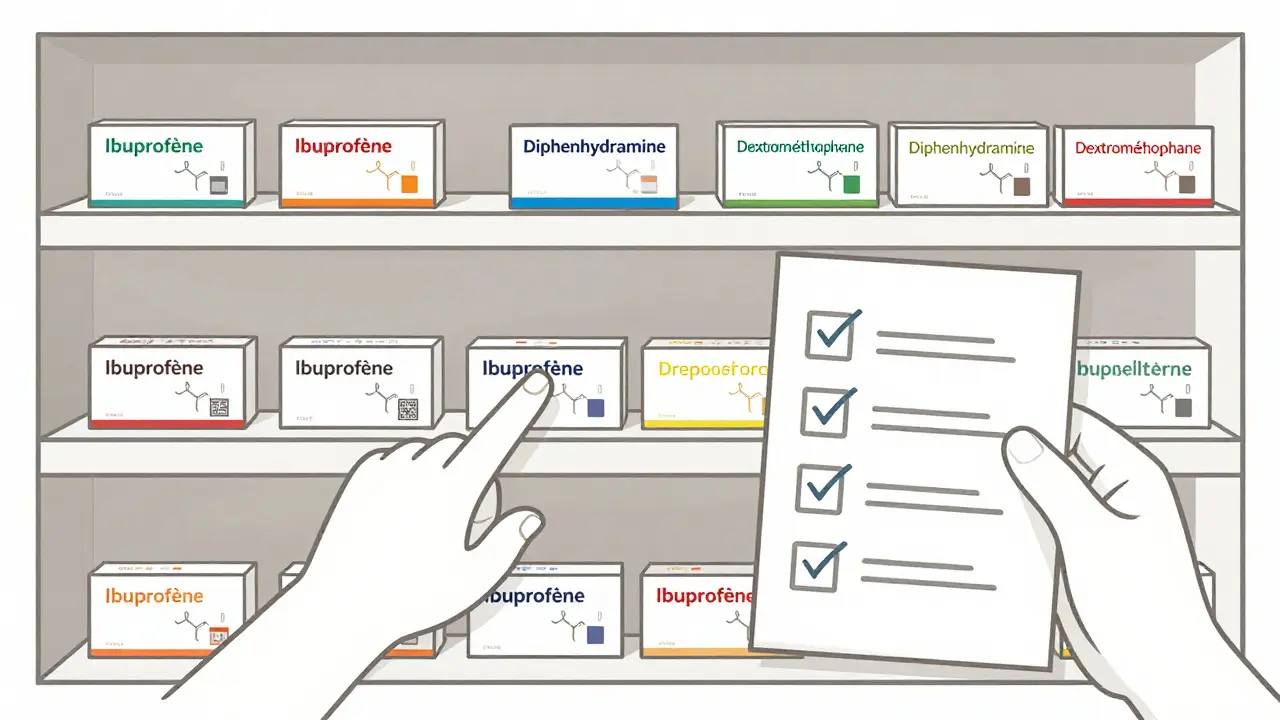 Étagère de médicaments avec des molécules actives identiques émergent de différentes marques, une main pointant vers un code QR.
