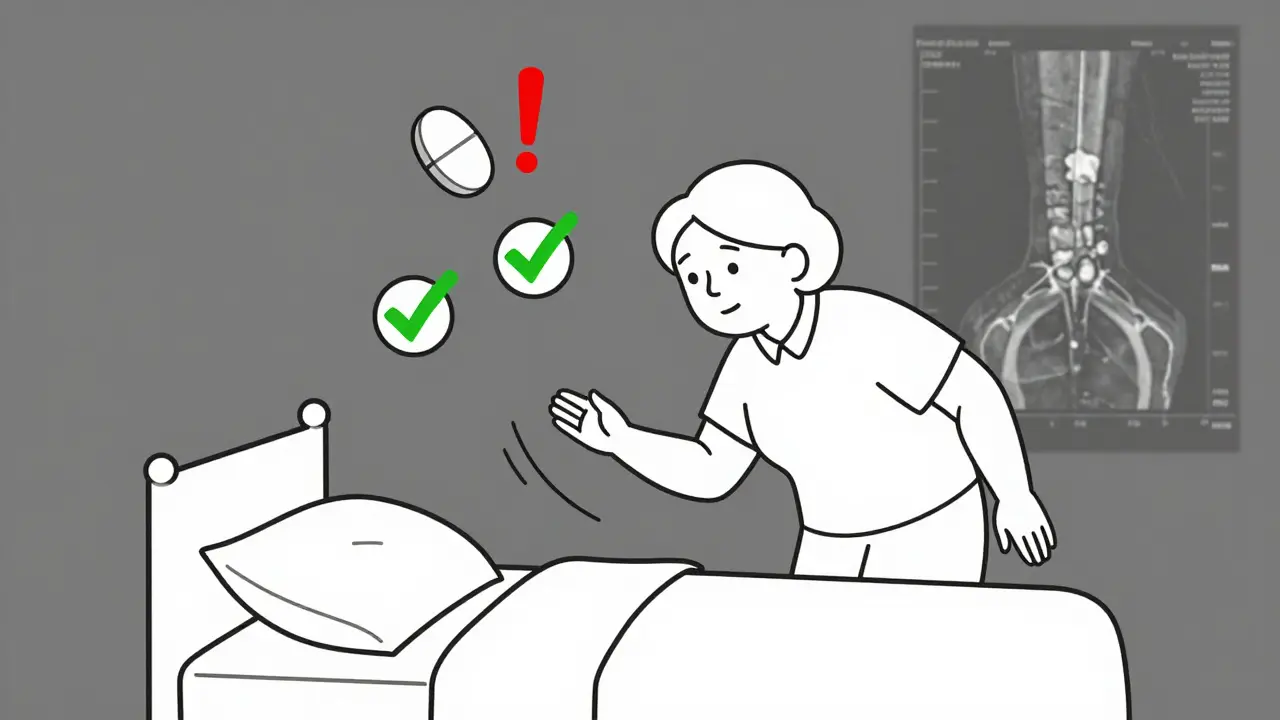 Femme âgée en chute, avec trois médicaments flottants : un avertissement rouge et deux signes verts.