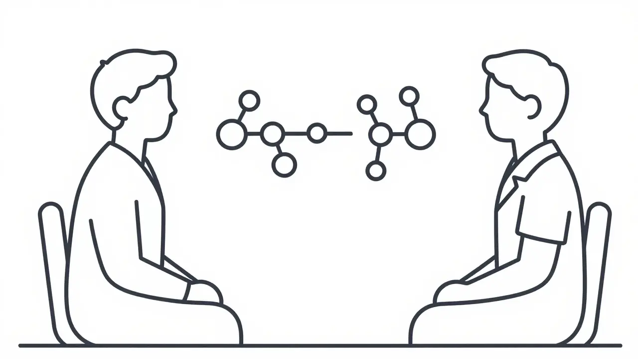 Médecin discutant équivalence moléculaire avec un patient assis calmement.