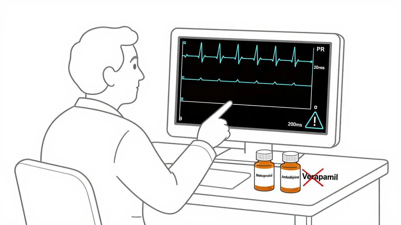 Médecin montrant un ECG normal à un patient âgé, avec des comprimés sûrs sur la table.