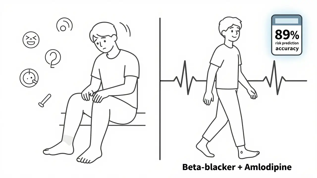Patient fatigué à gauche, en bonne santé à droite, comparant les effets de deux combinaisons médicamenteuses.