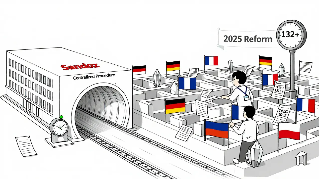 Scène divisée : une grande entreprise utilise une voie rapide, tandis qu'une petite entreprise s'égare dans un labyrinthe de réglementations nationales.