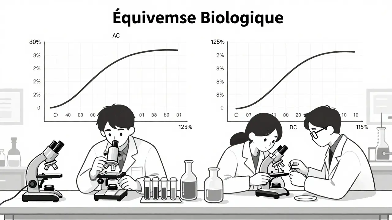 Scientifiques analysent des courbes de absorption sanguine pour prouver l'équivalence biologique entre médicaments.