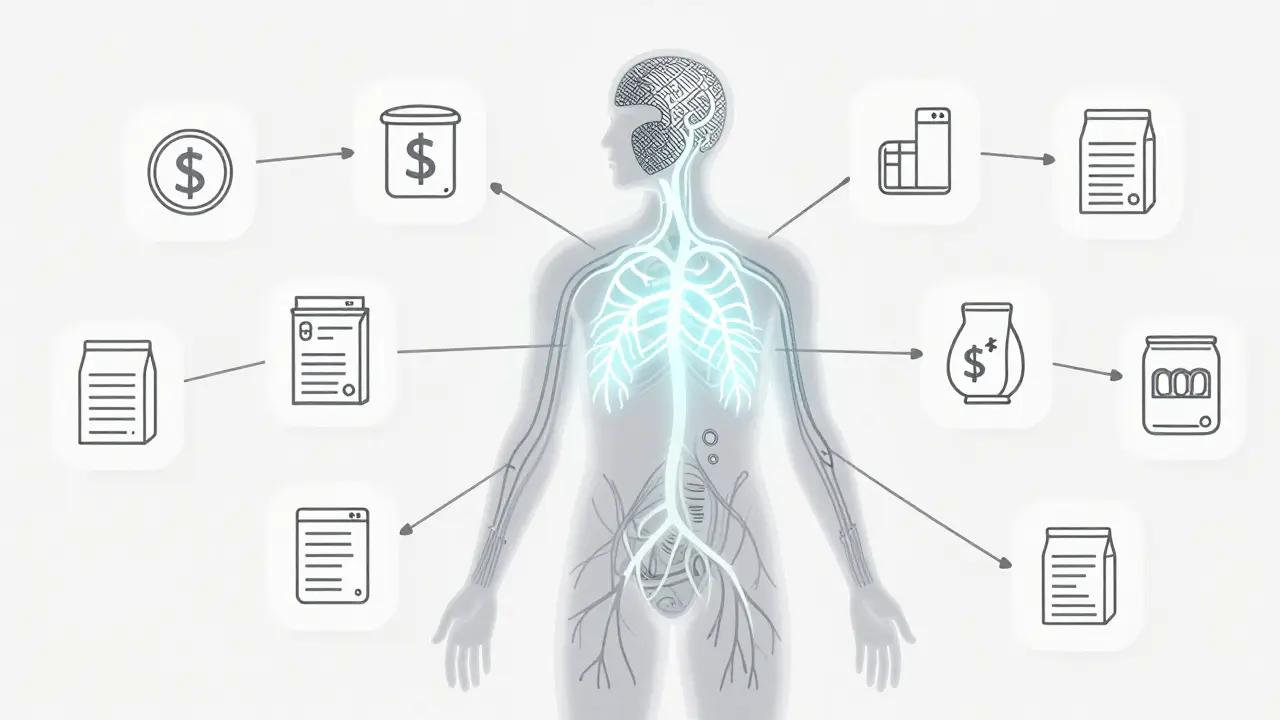 Silhouette humaine avec système nerveux actif illustrant la dopamine et la croyance.