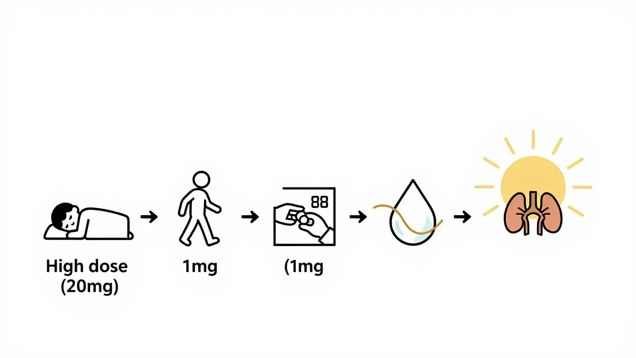 Timeline visuelle d’une réduction progressive des corticostéroïdes avec des indices de soutien et de récupération.
