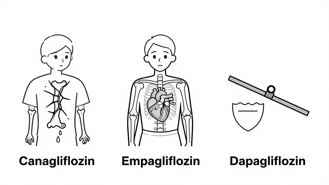 Trois patients comparés : un avec des os fragiles, deux avec des os sains, symbolisant les différences de risque.