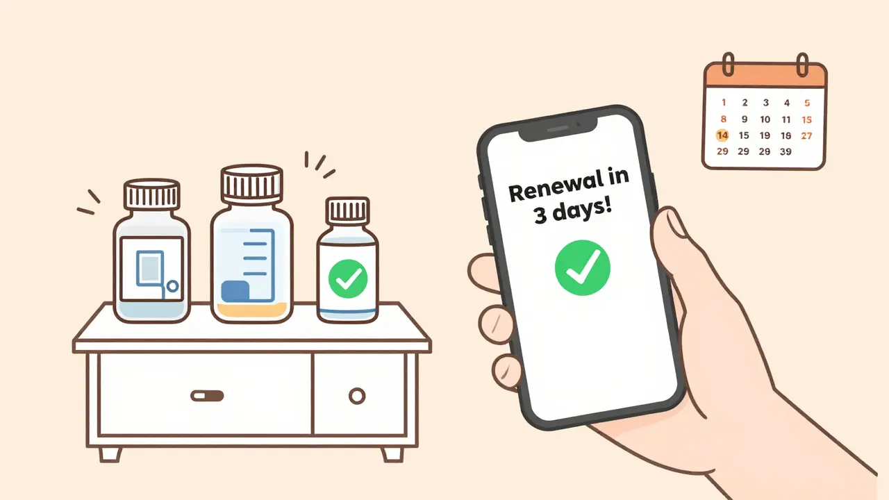 Un téléphone affiche une alerte de renouvellement de médicament à côté d'un armoire à pharmacie.