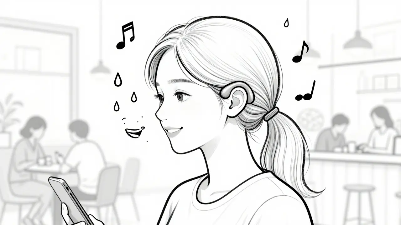 Une femme avec un appareil auditif invisible sous les cheveux, entourée de sons améliorés dans un environnement bruyant.