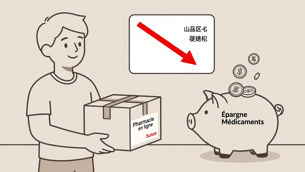 Une personne reçoit une livraison de médicaments tandis qu'une tirelire se remplit de pièces.