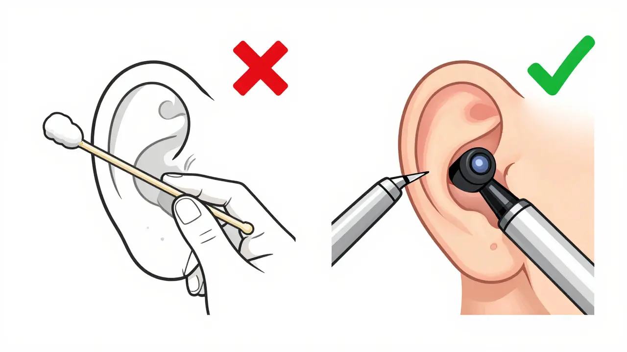 Comparaison entre l'usage risqué d'un coton-tige et l'examen sécurisé par otoscope.