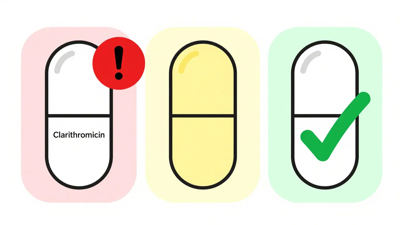 Comparaison stylisée des risques d'interaction entre différents macrolides et la colchicine.