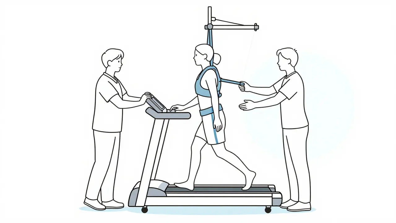 Dessin monoline d'un patient en rééducation sur un tapis roulant avec support.