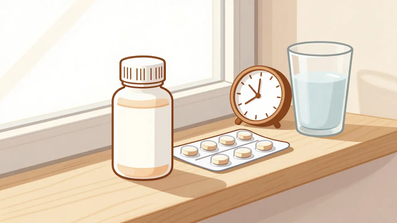 Dessin monoline montrant le stockage correct d'un flacon de médicaments à l'abri de l'humidité.