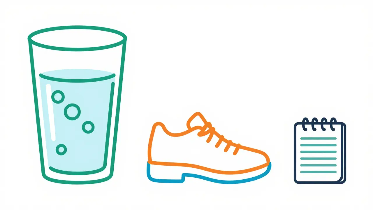 Icônes monoline d'un verre d'eau, d'une chaussure de marche et d'un journal de santé.