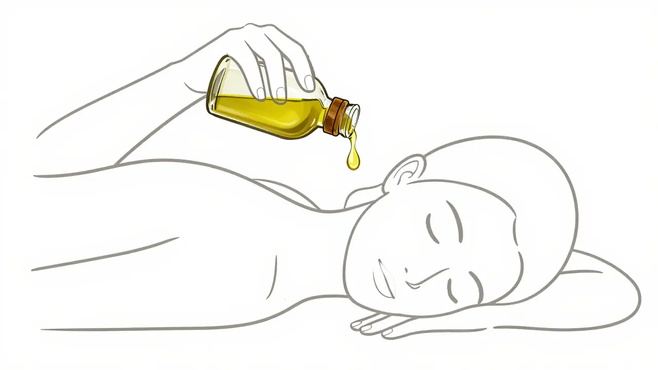 Illustration d'une personne utilisant des gouttes d'huile d'olive pour ramollir le cérumen.