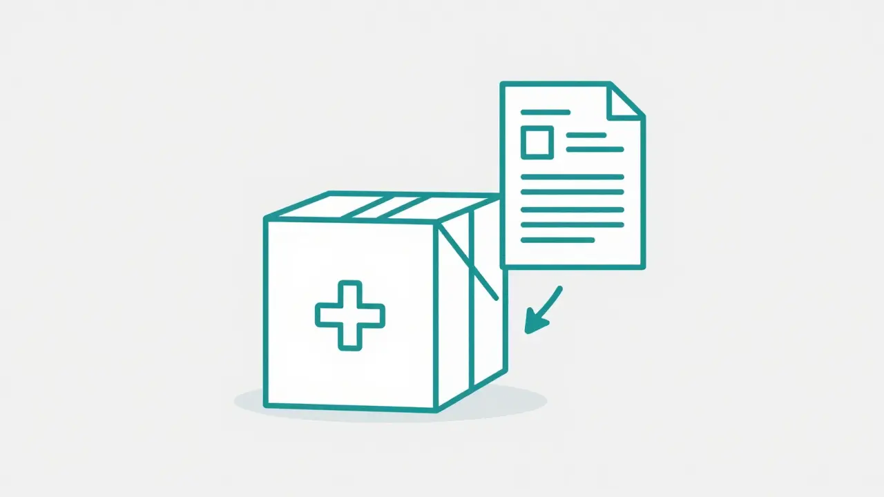 Illustration monoline d'un colis de pharmacie livré avec une ordonnance médicale vérifiée.