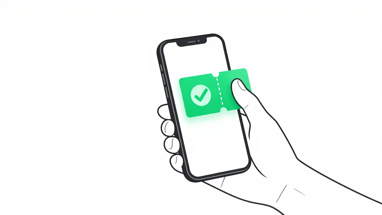 Illustration monoline d'une main tenant un smartphone avec un coupon de réduction pour pharmacie.