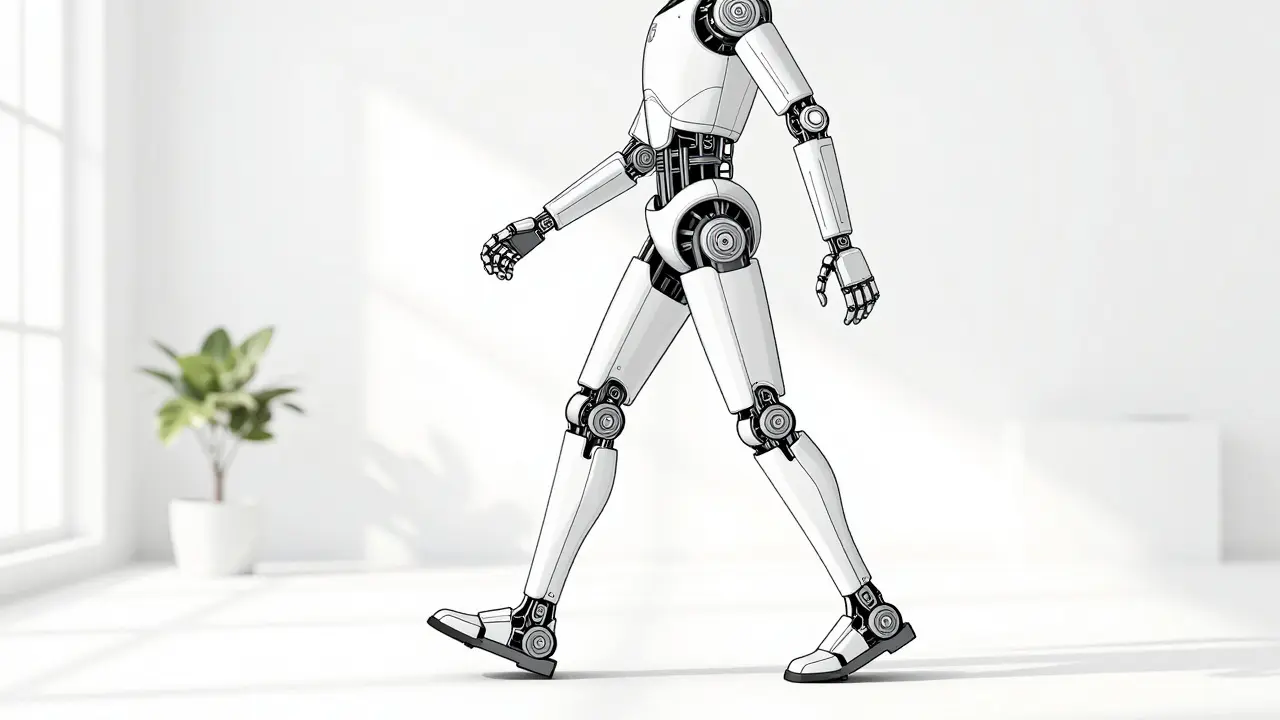 Illustration monoline d'une personne debout utilisant un exosquelette robotique.