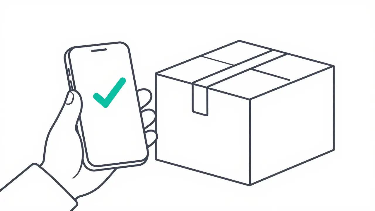 Illustration monoline d'une prescription validée sur smartphone et d'un colis discret.