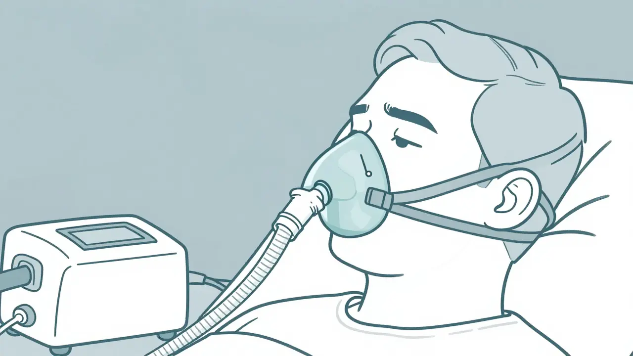 Profil d'un patient portant un masque CPAP dans sa chambre.