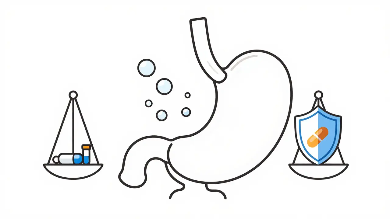 Schéma monoline conceptuel montrant la neutralisation de l'acide dans l'estomac.