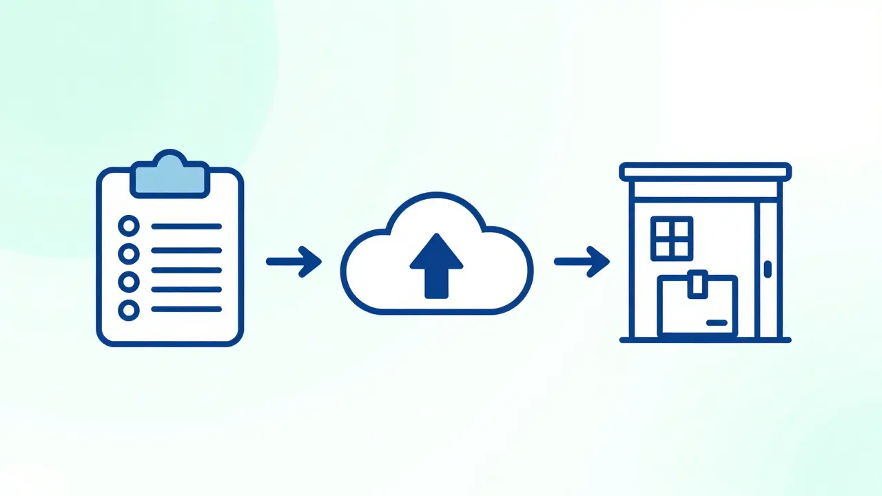 Schéma monoline illustrant le processus sécurisé de prescription et livraison de médicaments.