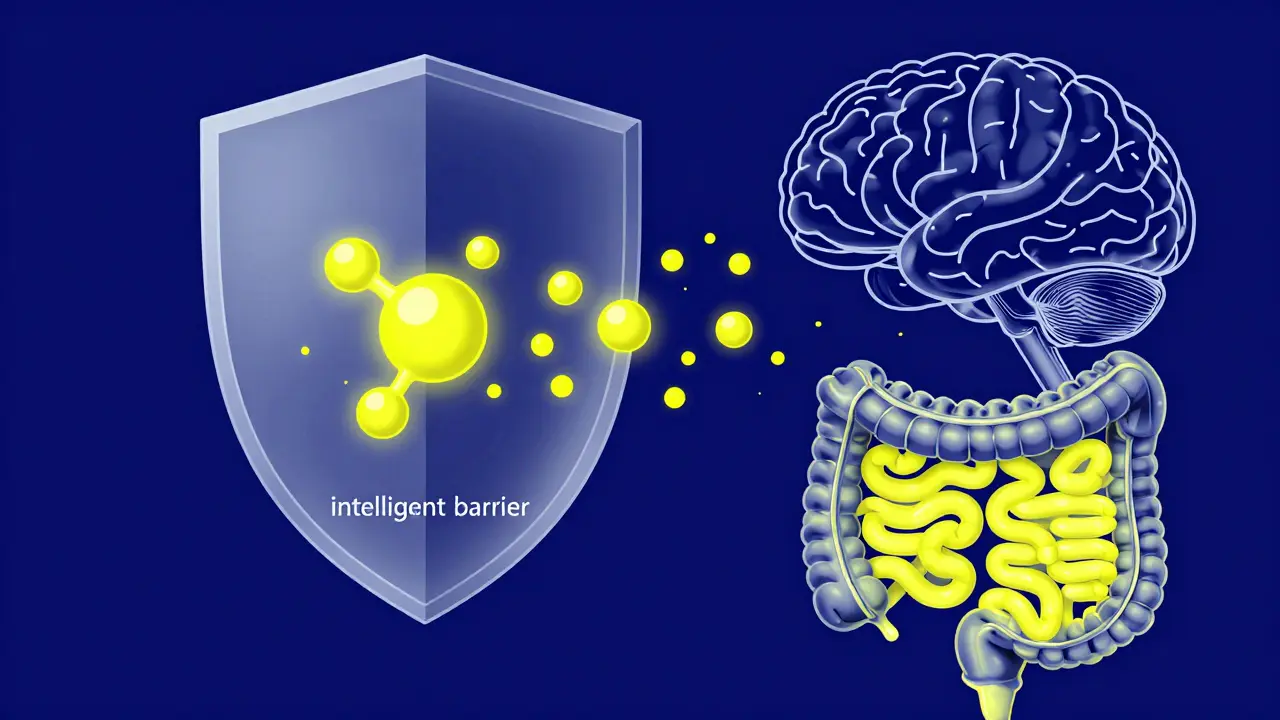 Schéma monoline montrant une barrière protégeant le cerveau tout en traitant les intestins.