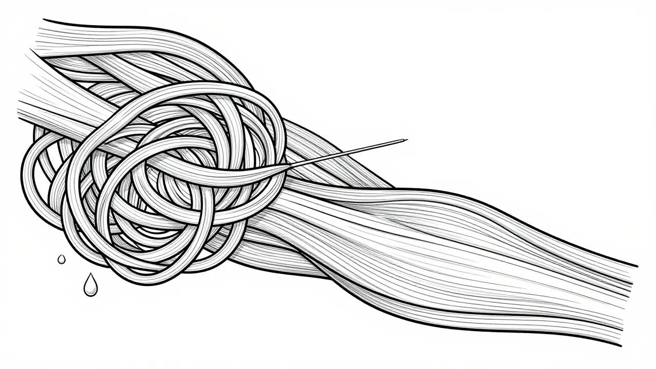 Art monoligne montrant les fibres musculaires tendues se relâchant après traitement.