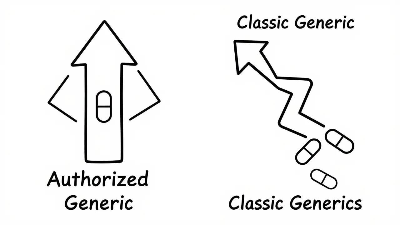 Comparaison visuelle simplifiée entre générique autorisé stable et générique classique variable