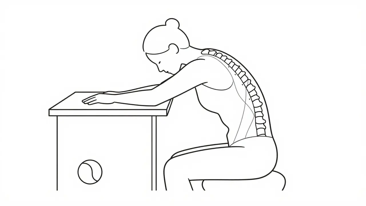 Dessin à la ligne d'une mauvaise posture au bureau et une balle de tennis pour le soulagement.