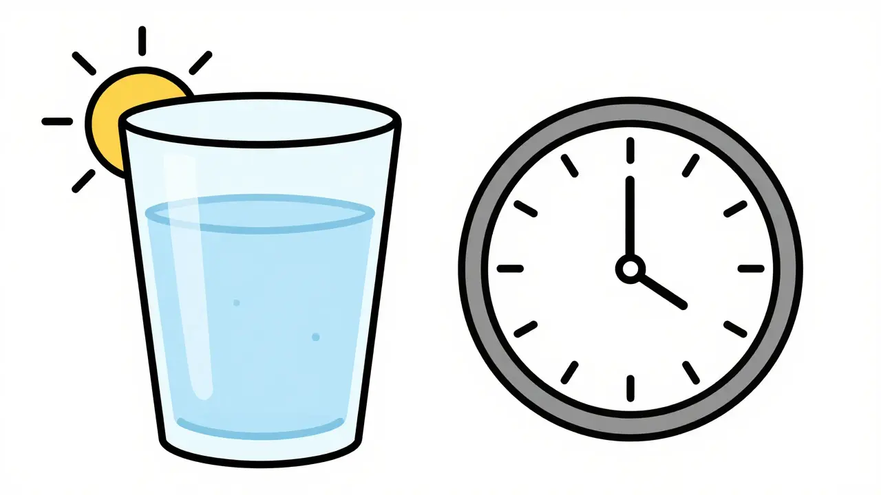 Dessin monoligne d'un verre d'eau, d'un soleil et d'une horloge pour la prise de médicaments