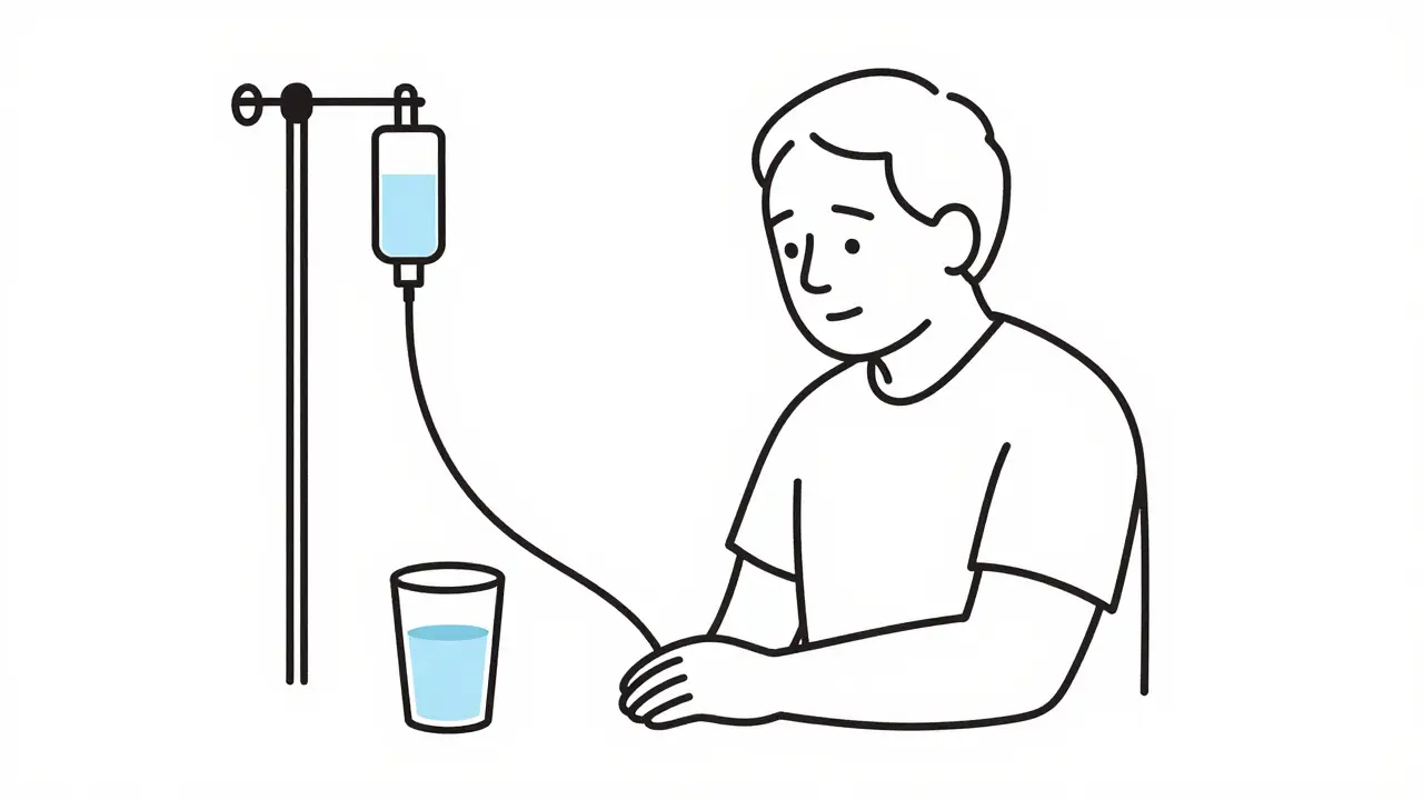 Dessin monoligne d'une personne âgée recevant une hydratation