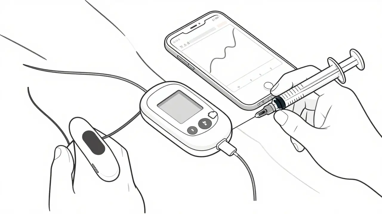 Dessin technique d'un capteur de glycémie continu et d'une seringue d'insuline.