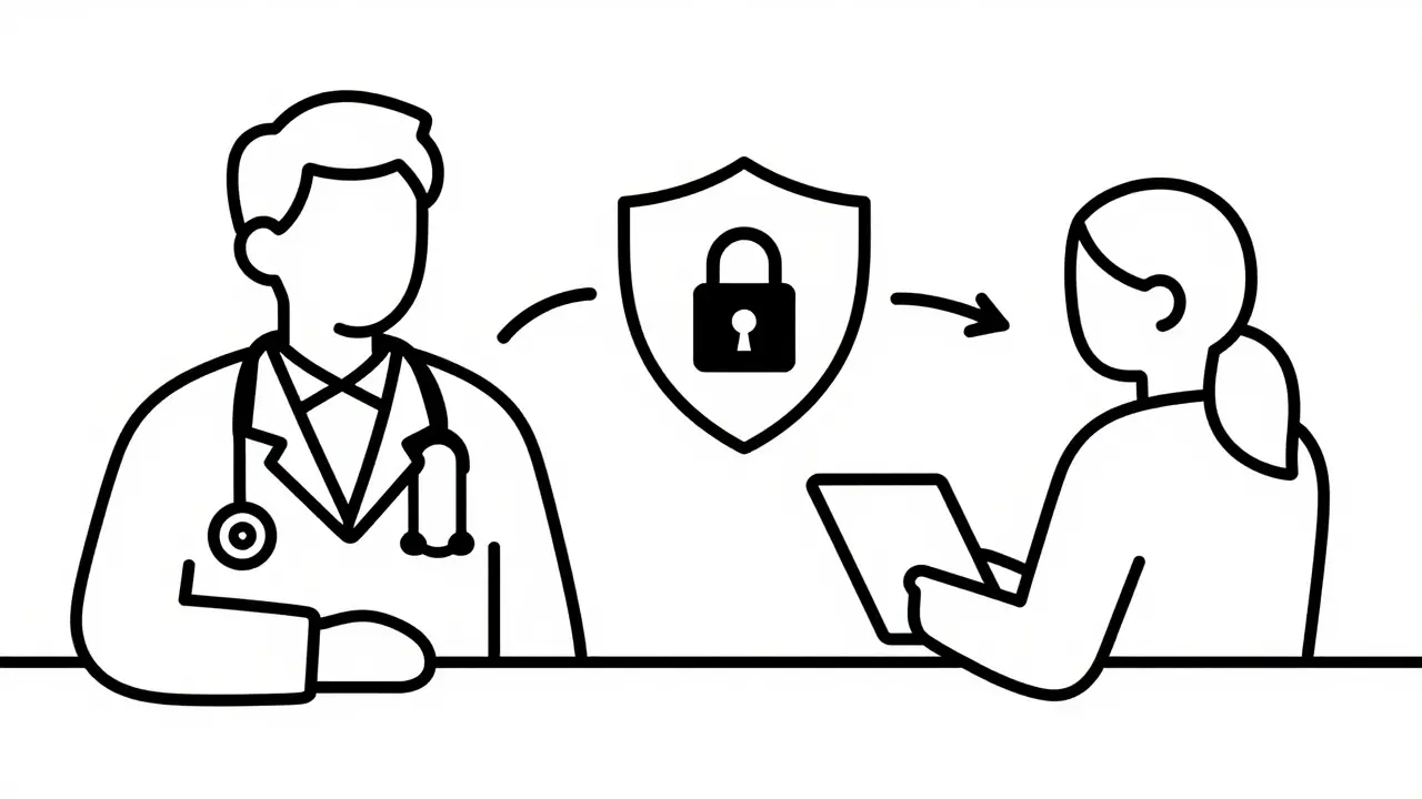 Dessin technique montrant une consultation médicale en ligne sécurisée.