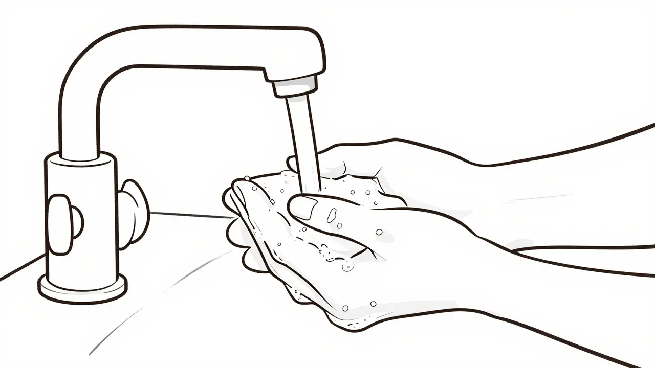 Illustration monoligne de mains lavées au savon sous l'eau