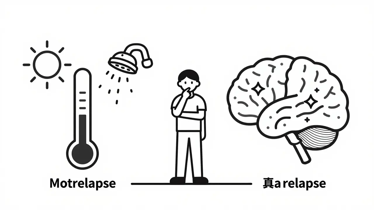 Illustration schématique comparant les déclencheurs de pseudorechute comme la chaleur à une rechute inflammatoire réelle.