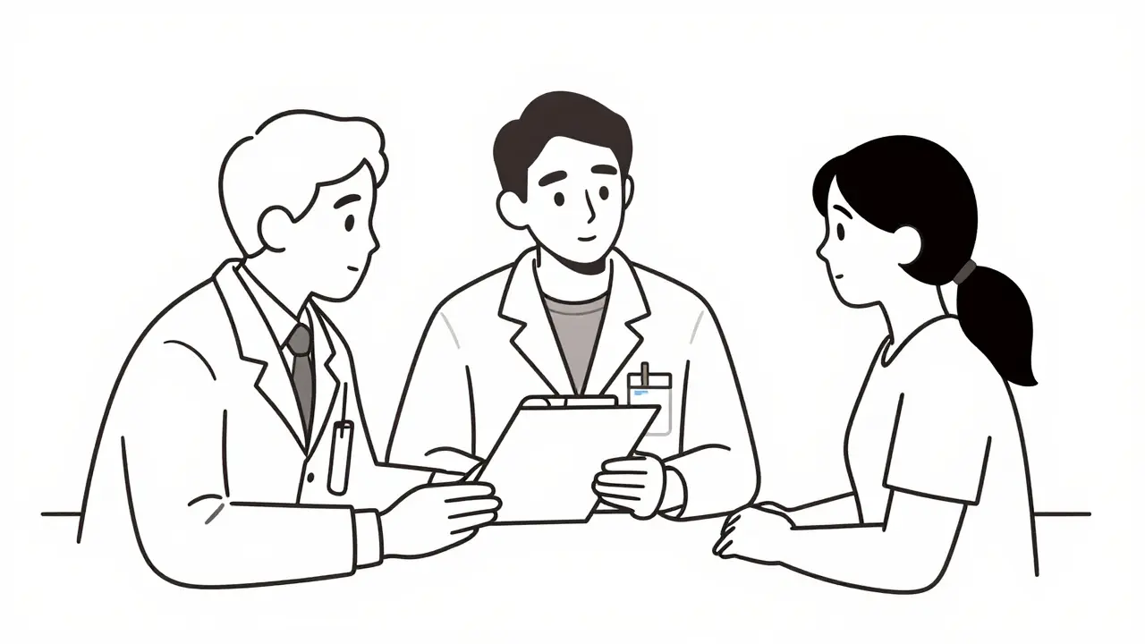 Médecin, pharmacien et patient discutant ensemble pour une transition thérapeutique sécurisée