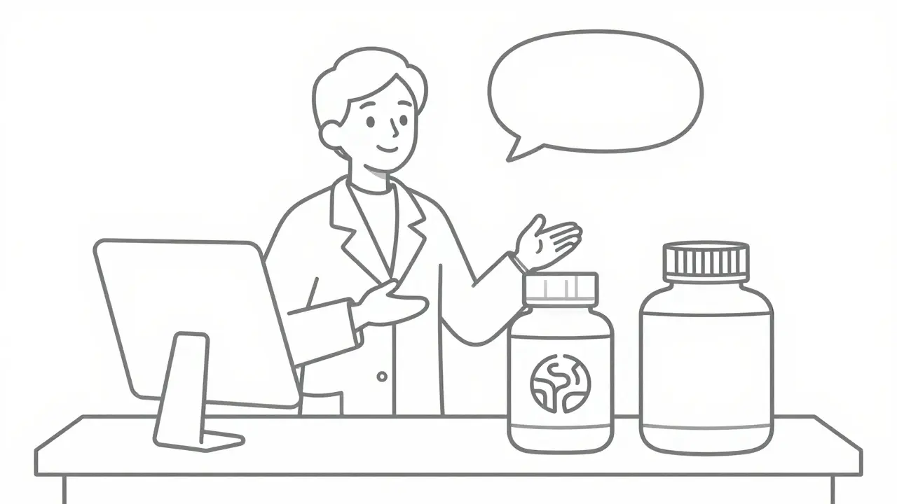 Dessin au trait simple d'un pharmacien expliquant la différence entre marque et générique