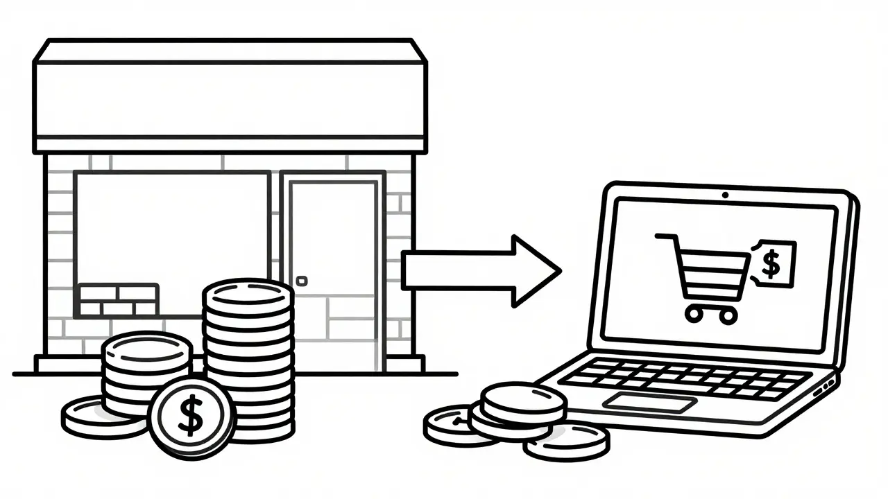 Dessin au trait unique comparant le coût élevé des pharmacies physiques aux économies réalisées via l'achat en ligne.