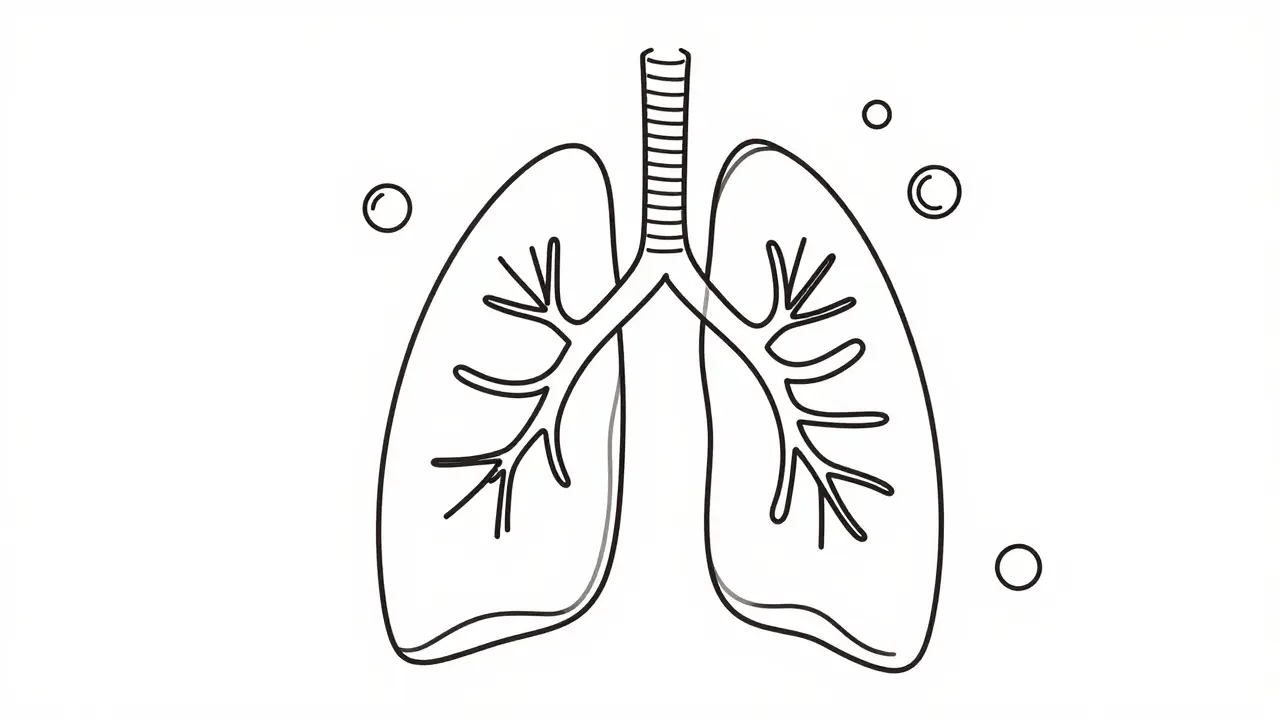 Diagramme médical en ligne continue montrant des bronches rétrécies et une inflammation pulmonaire.