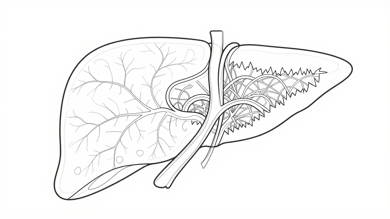 Illustration linéaire d'un foie montrant les processus toxiques
