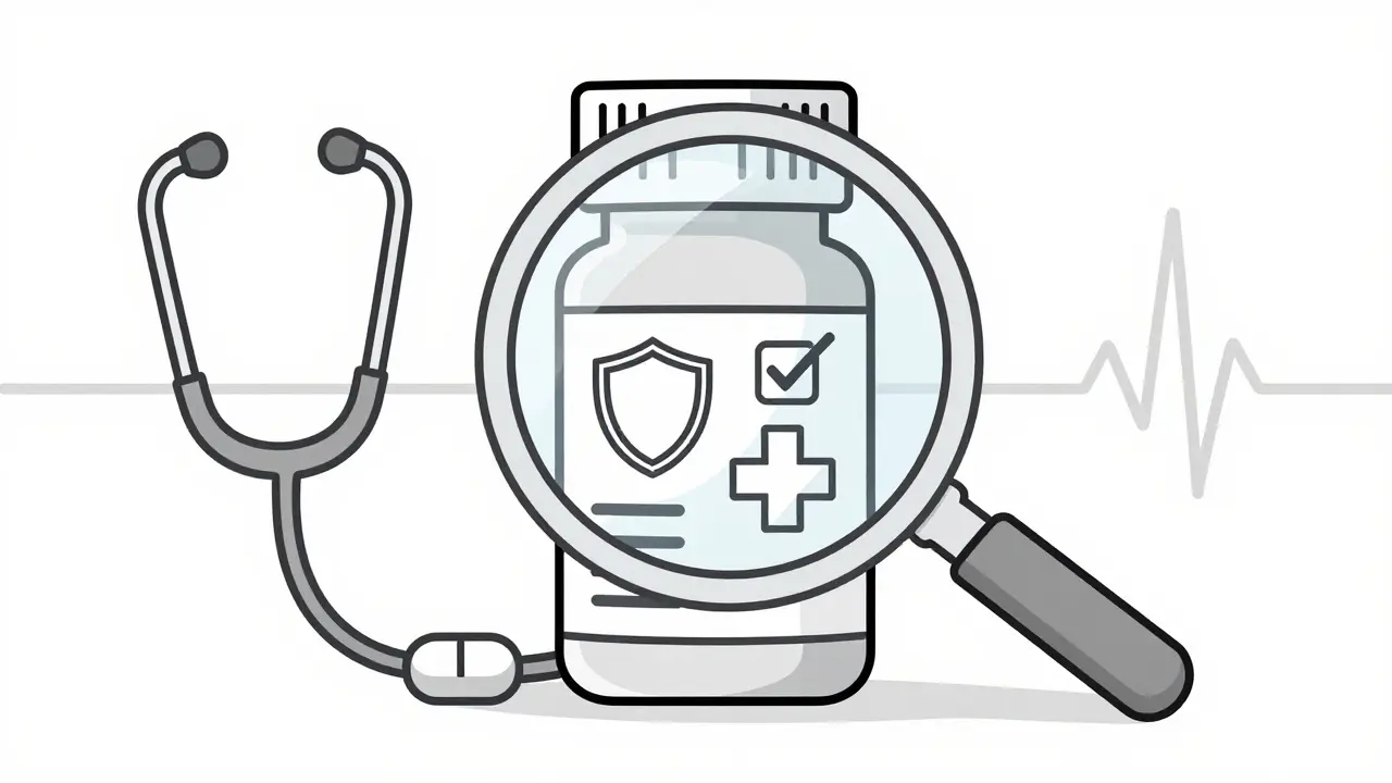 Illustration monoligne d'une loupe inspectant un flacon de médicaments pour vérifier la sécurité et les certifications.